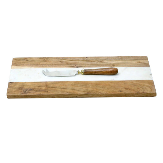 Acacia Wood & Marble Serving Board with Cheese Knife | Length 17"