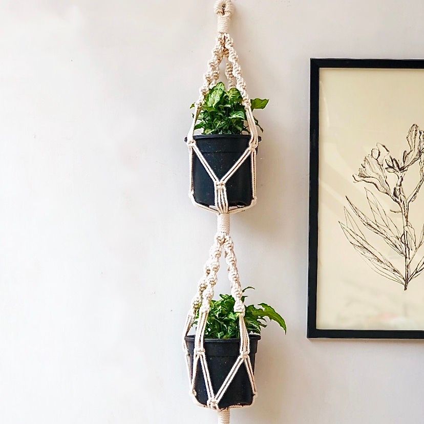 Macrame Two-Tier Off-White Plant Hanger 32 " | Handcrafted