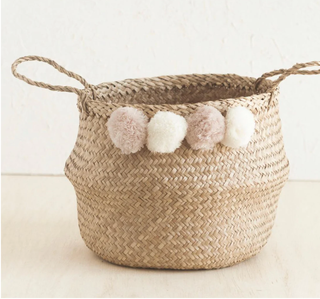 Woven Basket with pompom | Medium 12" x 12" | Handcrafted in Hanoi